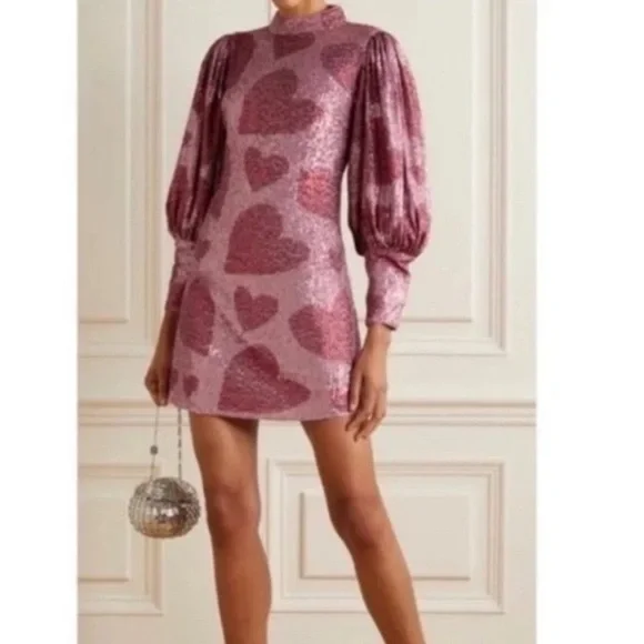 Farm Rio Hearts Sequin Long Puff Sleeve Mini Dress Sz M NWT - Picture 1 of 16